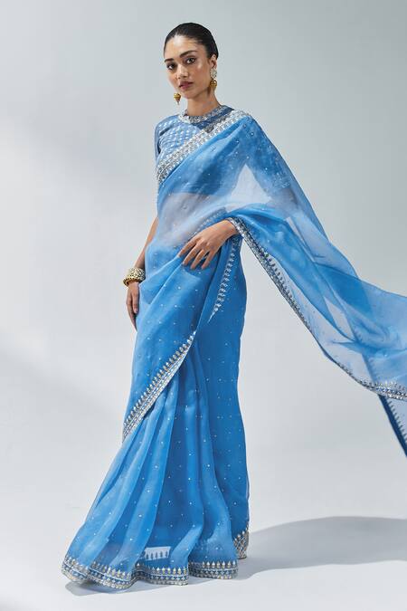 Buy Priyal Prakash Blue Silk Organza, Chanderi, Polyester Gota Patti Border Saree With Blouse Online at Aza Fashions Buy_Priyal Prakash_Blue Silk Organza, Chanderi, Polyester Gota Patti Border Saree With Blouse _Online_at_Aza_Fashions