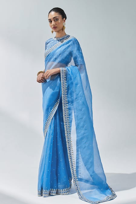 Shop Priyal Prakash Blue Silk Organza, Chanderi, Polyester Gota Patti Border Saree With Blouse Online at Aza Fashions Shop_Priyal Prakash_Blue Silk Organza, Chanderi, Polyester Gota Patti Border Saree With Blouse _Online_at_Aza_Fashions