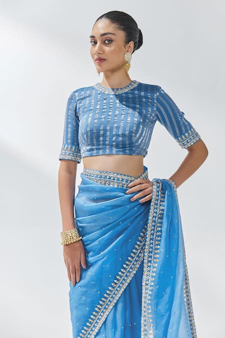 Priyal Prakash Blue Silk Organza, Chanderi, Polyester Gota Patti Border Saree With Blouse at Aza Fashions Priyal Prakash_Blue Silk Organza, Chanderi, Polyester Gota Patti Border Saree With Blouse _at_Aza_Fashions