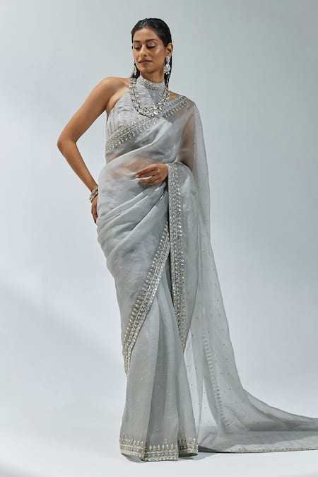 PRIYAL PRAKASH Grey Saree Silk Organza Embroidery Gota Patti Halter Neck Border With Blouse 