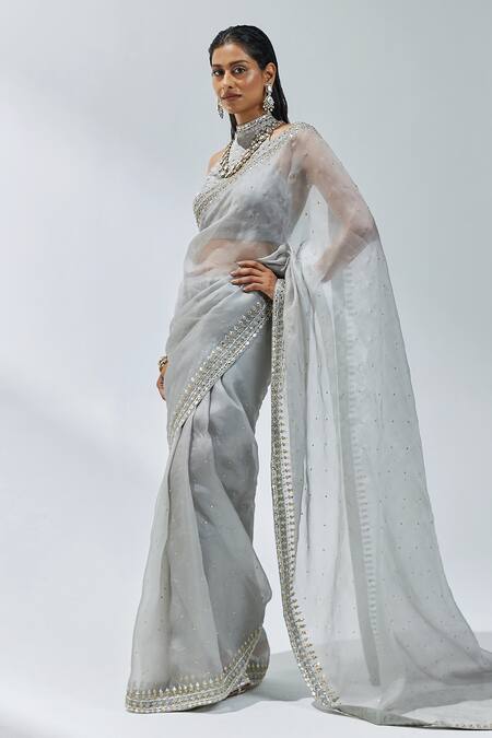 Priyal Prakash_Grey Silk Organza, Chanderi, Polyester Gota Border Embroidered Saree With Blouse _Online_at_Aza_Fashions