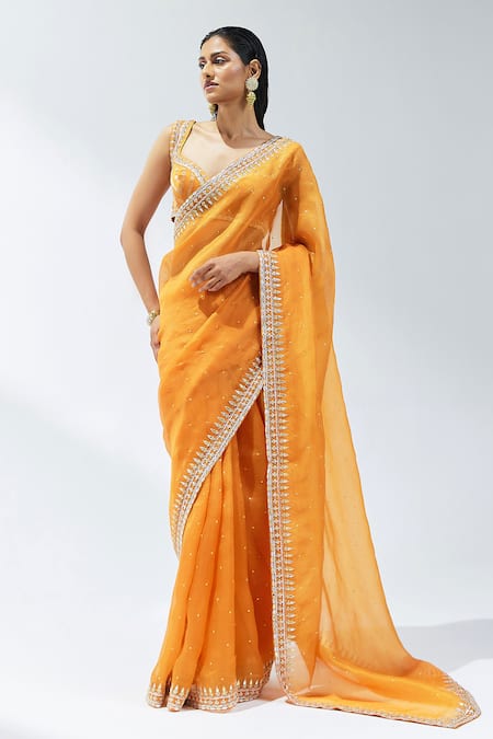 PRIYAL PRAKASH Orange Saree Silk Organza Embroidery Gota Patti Zari Border With Blouse 