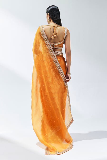 Shop Priyal Prakash Orange Silk Organza, Chanderi, Polyester Border Embroidered Saree With Blouse at Aza Fashions Shop_Priyal Prakash_Orange Silk Organza, Chanderi, Polyester Border Embroidered Saree With Blouse _at_Aza_Fashions