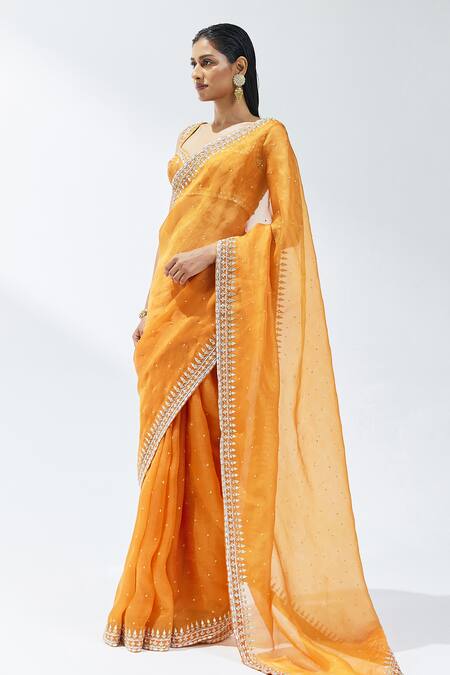 Priyal Prakash Orange Silk Organza, Chanderi, Polyester Border Embroidered Saree With Blouse Online at Aza Fashions Priyal Prakash_Orange Silk Organza, Chanderi, Polyester Border Embroidered Saree With Blouse _Online_at_Aza_Fashions