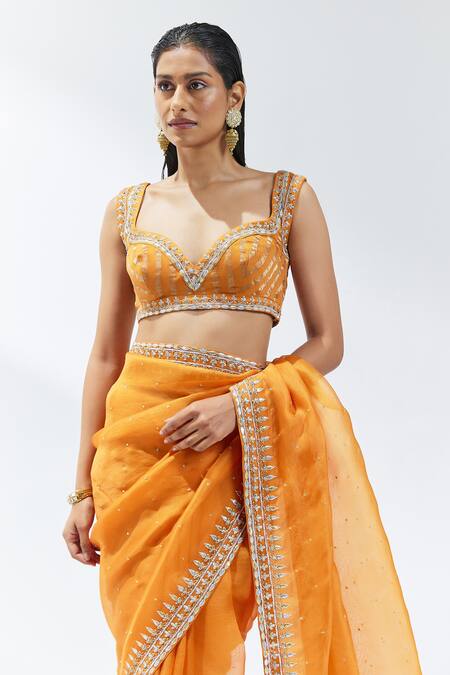 Buy Priyal Prakash Orange Silk Organza, Chanderi, Polyester Border Embroidered Saree With Blouse Online at Aza Fashions Buy_Priyal Prakash_Orange Silk Organza, Chanderi, Polyester Border Embroidered Saree With Blouse _Online_at_Aza_Fashions