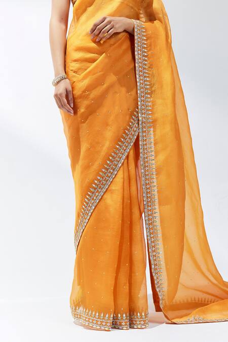 Shop Priyal Prakash Orange Silk Organza, Chanderi, Polyester Border Embroidered Saree With Blouse Online at Aza Fashions Shop_Priyal Prakash_Orange Silk Organza, Chanderi, Polyester Border Embroidered Saree With Blouse _Online_at_Aza_Fashions