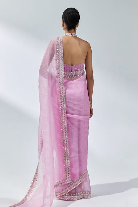 Shop Priyal Prakash Pink Silk Organza, Chanderi, Polyester Gota Aari Embroidered Saree With Blouse at Aza Fashions Shop_Priyal Prakash_Pink Silk Organza, Chanderi, Polyester Gota Aari Embroidered Saree With Blouse _at_Aza_Fashions