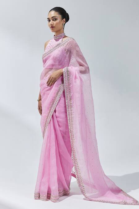 Priyal Prakash Pink Silk Organza, Chanderi, Polyester Gota Aari Embroidered Saree With Blouse Online at Aza Fashions Priyal Prakash_Pink Silk Organza, Chanderi, Polyester Gota Aari Embroidered Saree With Blouse _Online_at_Aza_Fashions