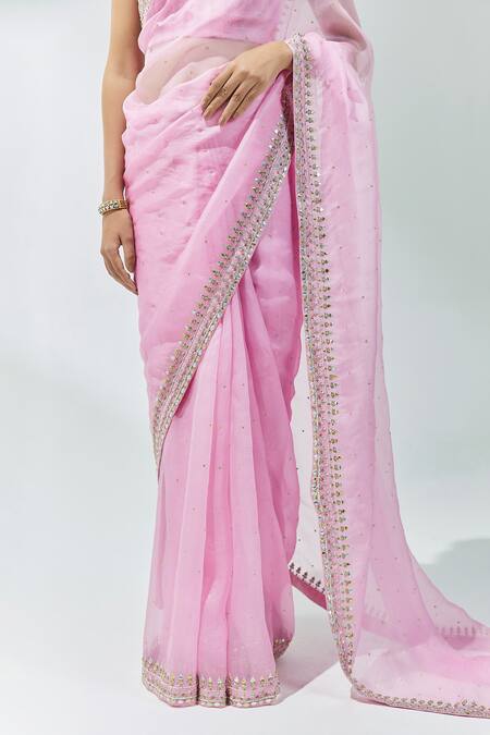Buy Priyal Prakash Pink Silk Organza, Chanderi, Polyester Gota Aari Embroidered Saree With Blouse Online at Aza Fashions Buy_Priyal Prakash_Pink Silk Organza, Chanderi, Polyester Gota Aari Embroidered Saree With Blouse _Online_at_Aza_Fashions