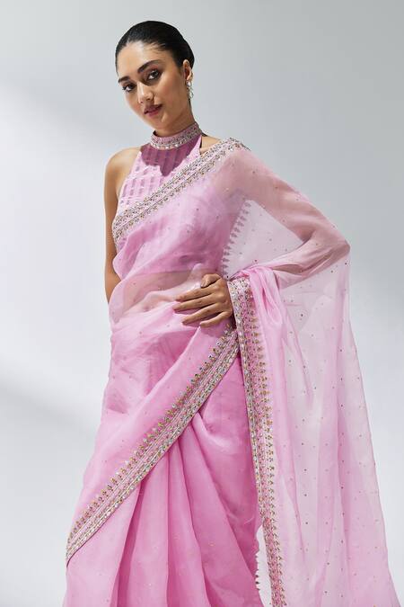 Shop Priyal Prakash Pink Silk Organza, Chanderi, Polyester Gota Aari Embroidered Saree With Blouse Online at Aza Fashions Shop_Priyal Prakash_Pink Silk Organza, Chanderi, Polyester Gota Aari Embroidered Saree With Blouse _Online_at_Aza_Fashions