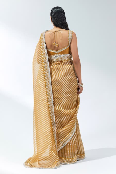 Shop Priyal Prakash Yellow Silk Organza, Silk, Polyester Gota Patti, Stripe Woven Saree With Blouse at Aza Fashions Shop_Priyal Prakash_Yellow Silk Organza, Silk, Polyester Gota Patti, Stripe Woven Saree With Blouse _at_Aza_Fashions