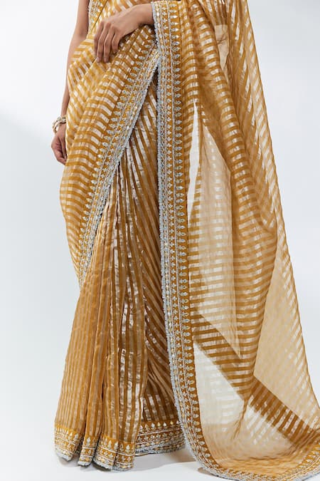Priyal Prakash Yellow Silk Organza, Silk, Polyester Gota Patti, Stripe Woven Saree With Blouse Online at Aza Fashions Priyal Prakash_Yellow Silk Organza, Silk, Polyester Gota Patti, Stripe Woven Saree With Blouse _Online_at_Aza_Fashions