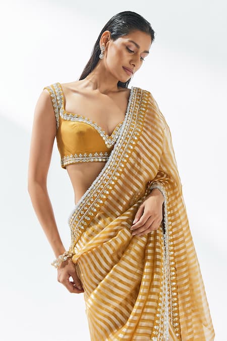 Shop Priyal Prakash Yellow Silk Organza, Silk, Polyester Gota Patti, Stripe Woven Saree With Blouse Online at Aza Fashions Shop_Priyal Prakash_Yellow Silk Organza, Silk, Polyester Gota Patti, Stripe Woven Saree With Blouse _Online_at_Aza_Fashions