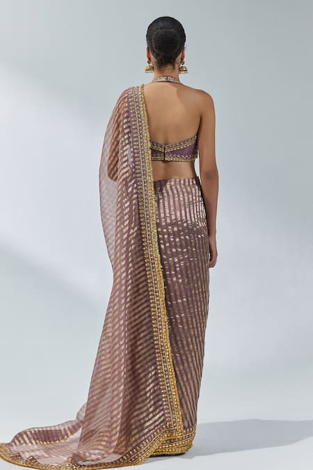 Shop Priyal Prakash Purple Silk Organza, Silk, Polyester Gota Patti, Linear Woven Saree With Blouse at Aza Fashions Shop_Priyal Prakash_Purple Silk Organza, Silk, Polyester Gota Patti, Linear Woven Saree With Blouse _at_Aza_Fashions