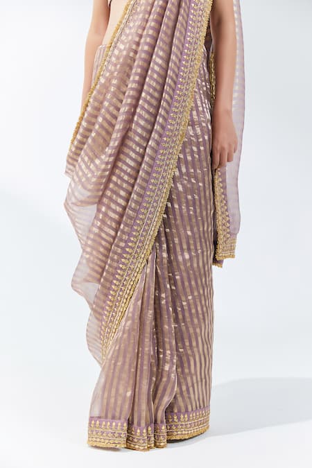 Buy Priyal Prakash Purple Silk Organza, Silk, Polyester Gota Patti, Linear Woven Saree With Blouse Online at Aza Fashions Buy_Priyal Prakash_Purple Silk Organza, Silk, Polyester Gota Patti, Linear Woven Saree With Blouse _Online_at_Aza_Fashions