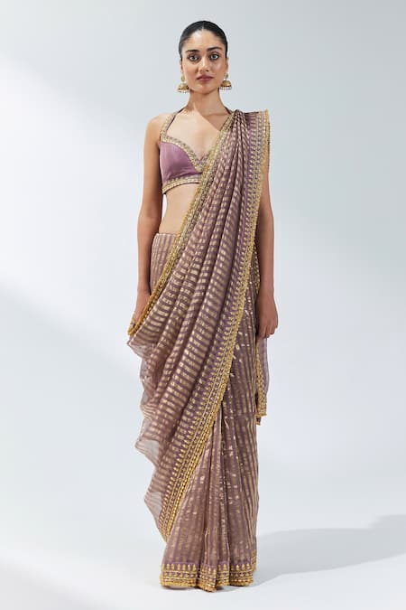 Shop Priyal Prakash Purple Silk Organza, Silk, Polyester Gota Patti, Linear Woven Saree With Blouse Online at Aza Fashions Shop_Priyal Prakash_Purple Silk Organza, Silk, Polyester Gota Patti, Linear Woven Saree With Blouse _Online_at_Aza_Fashions