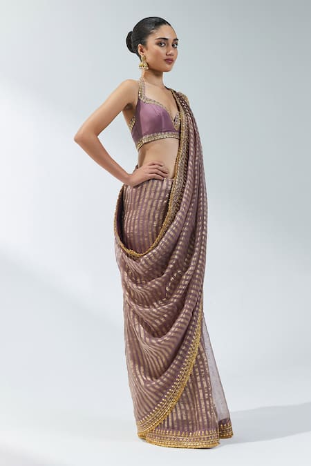 Priyal Prakash Purple Silk Organza, Silk, Polyester Gota Patti, Linear Woven Saree With Blouse at Aza Fashions Priyal Prakash_Purple Silk Organza, Silk, Polyester Gota Patti, Linear Woven Saree With Blouse _at_Aza_Fashions