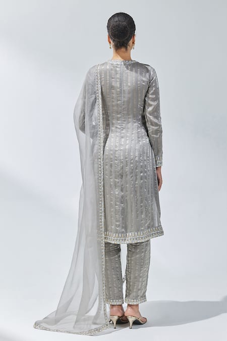 Shop_Priyal Prakash_Grey Chanderi, Silk Organza, Cotton Zari, Gota Patti Stripe Woven Kurta Set _at_Aza_Fashions