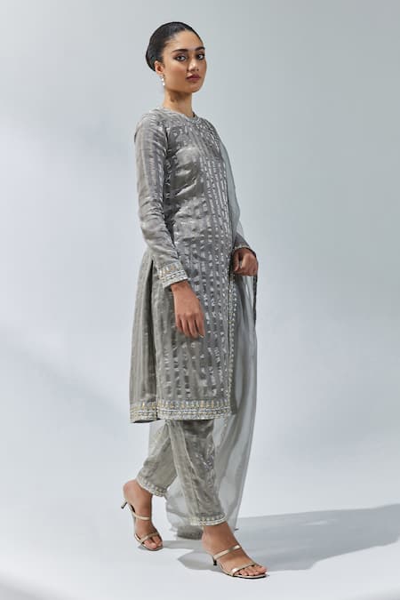 Priyal Prakash_Grey Chanderi, Silk Organza, Cotton Zari, Gota Patti Stripe Woven Kurta Set _Online_at_Aza_Fashions