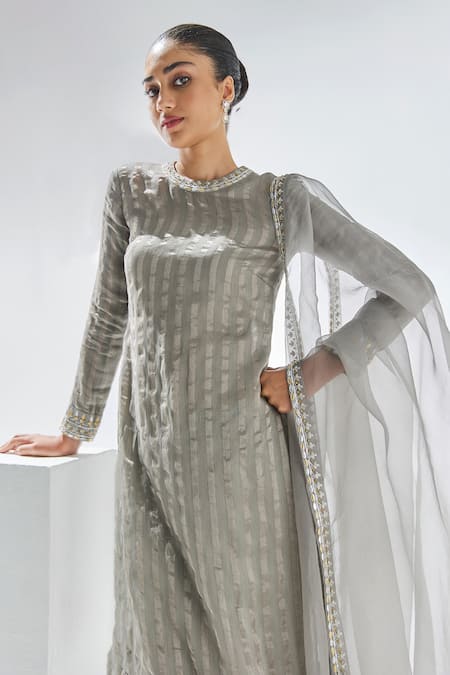 Shop_Priyal Prakash_Grey Chanderi, Silk Organza, Cotton Zari, Gota Patti Stripe Woven Kurta Set _Online_at_Aza_Fashions