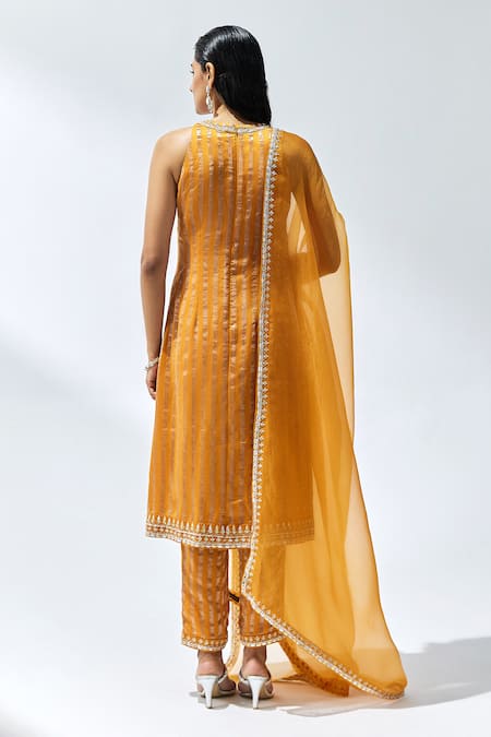 Shop Priyal Prakash Orange Chanderi, Silk Organza, Cotton Zari, Stripe Woven Kurta Pant Set at Aza Fashions Shop_Priyal Prakash_Orange Chanderi, Silk Organza, Cotton Zari, Stripe Woven Kurta Pant Set _at_Aza_Fashions