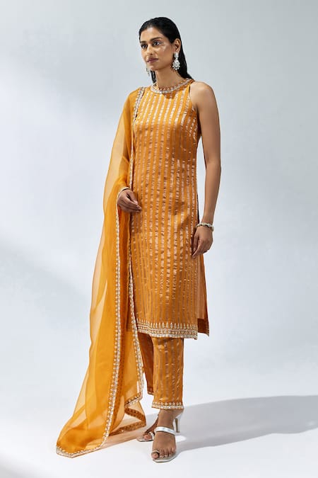 Priyal Prakash Orange Chanderi, Silk Organza, Cotton Zari, Stripe Woven Kurta Pant Set Online at Aza Fashions Priyal Prakash_Orange Chanderi, Silk Organza, Cotton Zari, Stripe Woven Kurta Pant Set _Online_at_Aza_Fashions