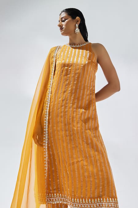 Shop Priyal Prakash Orange Chanderi, Silk Organza, Cotton Zari, Stripe Woven Kurta Pant Set Online at Aza Fashions Shop_Priyal Prakash_Orange Chanderi, Silk Organza, Cotton Zari, Stripe Woven Kurta Pant Set _Online_at_Aza_Fashions