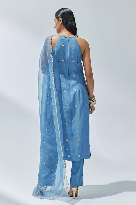 Shop_Priyal Prakash_Blue Chanderi, Silk Organza, Cotton Embroidery, Gota Patti, Zari, Kurta Pant Set _at_Aza_Fashions
