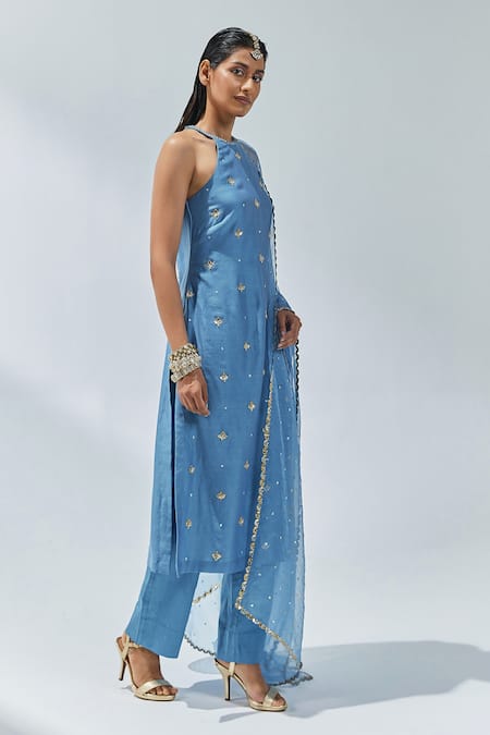 Priyal Prakash_Blue Chanderi, Silk Organza, Cotton Embroidery, Gota Patti, Zari, Kurta Pant Set _Online_at_Aza_Fashions