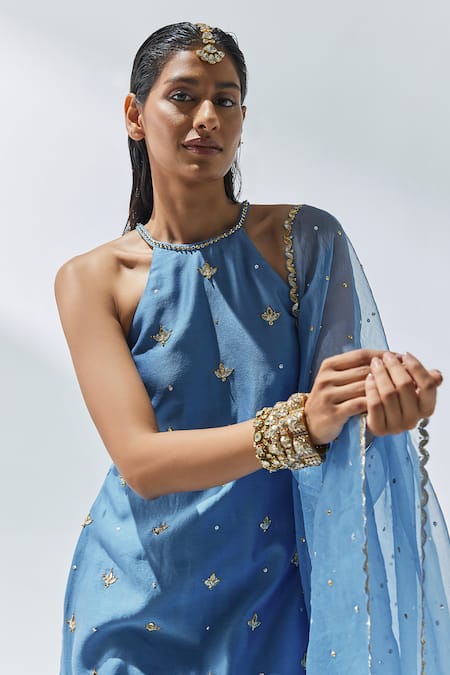 Buy_Priyal Prakash_Blue Chanderi, Silk Organza, Cotton Embroidery, Gota Patti, Zari, Kurta Pant Set _Online_at_Aza_Fashions