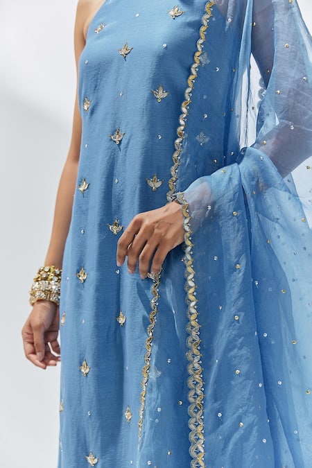 Shop_Priyal Prakash_Blue Chanderi, Silk Organza, Cotton Embroidery, Gota Patti, Zari, Kurta Pant Set _Online_at_Aza_Fashions