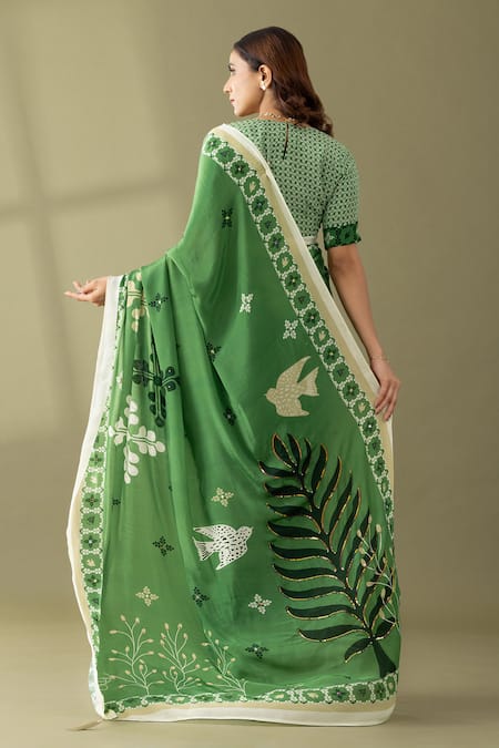 Shop Thee Modern Roots Green Crepe Sequins, Pearls Floral Print Saree at Aza Fashions Shop_Thee Modern Roots_Green Crepe Sequins, Pearls Floral Print Saree _at_Aza_Fashions