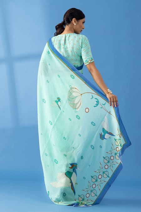 Shop Thee Modern Roots Green Georgette Dandelion Print Saree at Aza Fashions Shop_Thee Modern Roots_Green Georgette Dandelion Print Saree _at_Aza_Fashions