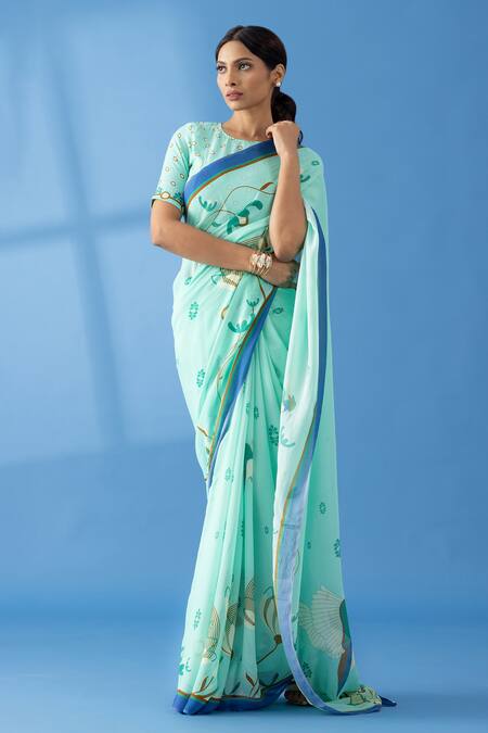 Thee Modern Roots Green Georgette Dandelion Print Saree Online at Aza Fashions Thee Modern Roots_Green Georgette Dandelion Print Saree _Online_at_Aza_Fashions