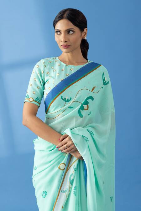 Shop Thee Modern Roots Green Georgette Dandelion Print Saree Online at Aza Fashions Shop_Thee Modern Roots_Green Georgette Dandelion Print Saree _Online_at_Aza_Fashions