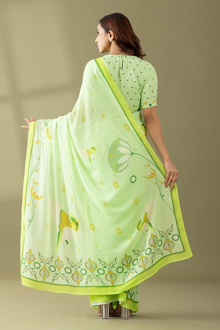Shop_Thee Modern Roots_Green Georgette Dandelion Floral Print Saree _at_Aza_Fashions