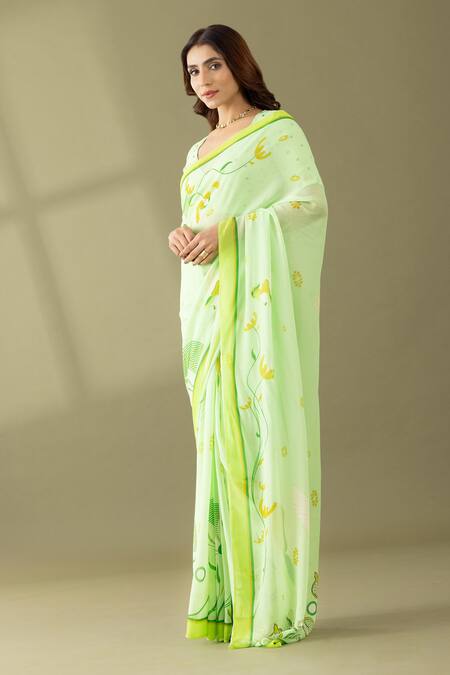 Thee Modern Roots_Green Georgette Dandelion Floral Print Saree _Online_at_Aza_Fashions