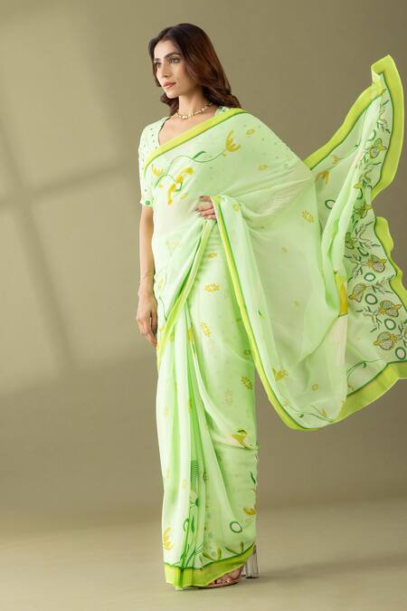 Shop_Thee Modern Roots_Green Georgette Dandelion Floral Print Saree _Online_at_Aza_Fashions