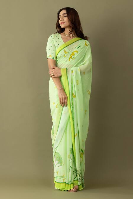 Buy_Thee Modern Roots_Green Georgette Dandelion Floral Print Saree 