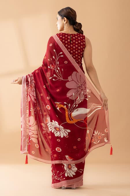 Shop Thee Modern Roots Red Georgette Sequins, Pearls Floral Motif Print Designer Saree at Aza Fashions Shop_Thee Modern Roots_Red Georgette Sequins, Pearls Floral Motif Print Designer Saree _at_Aza_Fashions