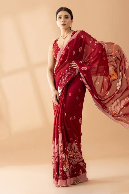 Shop Thee Modern Roots Red Georgette Sequins, Pearls Floral Motif Print Designer Saree Online at Aza Fashions Shop_Thee Modern Roots_Red Georgette Sequins, Pearls Floral Motif Print Designer Saree _Online_at_Aza_Fashions