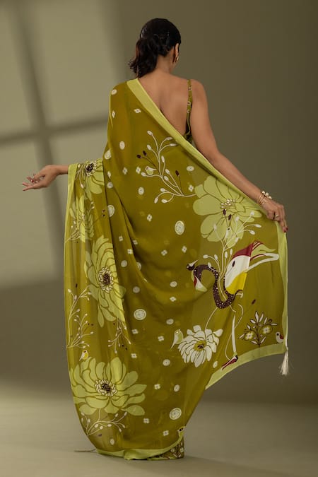 Shop Thee Modern Roots Green Georgette Sequins, Pearls Flower Motif Print Saree at Aza Fashions Shop_Thee Modern Roots_Green Georgette Sequins, Pearls Flower Motif Print Saree _at_Aza_Fashions