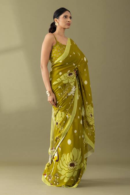 Buy Thee Modern Roots Green Georgette Sequins, Pearls Flower Motif Print Saree Online at Aza Fashions Buy_Thee Modern Roots_Green Georgette Sequins, Pearls Flower Motif Print Saree _Online_at_Aza_Fashions
