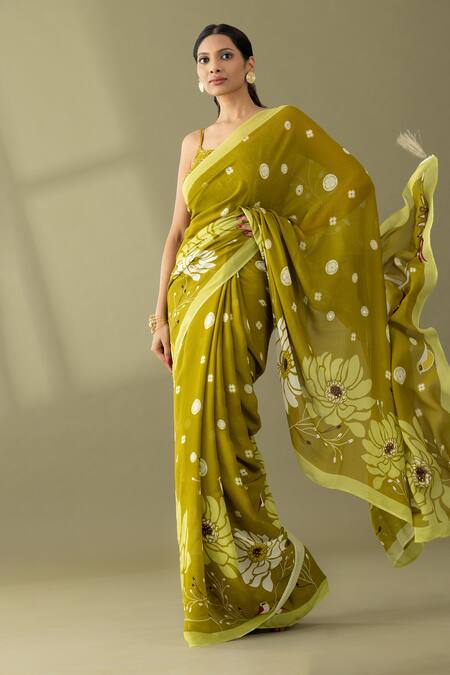 Shop Thee Modern Roots Green Georgette Sequins, Pearls Flower Motif Print Saree Online at Aza Fashions Shop_Thee Modern Roots_Green Georgette Sequins, Pearls Flower Motif Print Saree _Online_at_Aza_Fashions