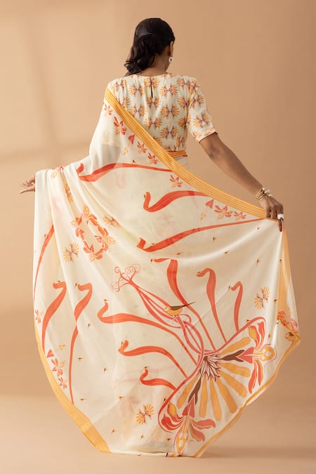 Shop Thee Modern Roots Ivory Georgette Contrast Floral Print Saree at Aza Fashions Shop_Thee Modern Roots_Ivory Georgette Contrast Floral Print Saree _at_Aza_Fashions
