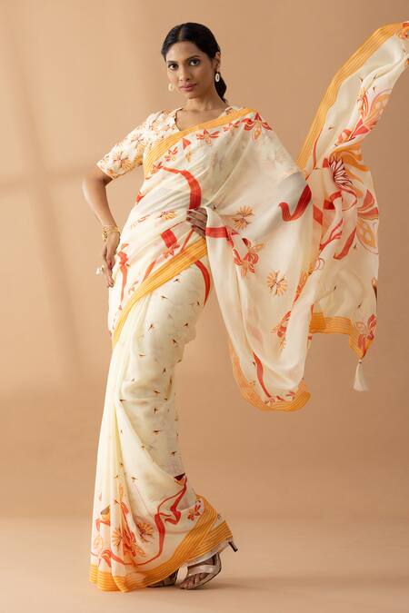 Buy Thee Modern Roots Ivory Georgette Contrast Floral Print Saree Online at Aza Fashions Buy_Thee Modern Roots_Ivory Georgette Contrast Floral Print Saree _Online_at_Aza_Fashions