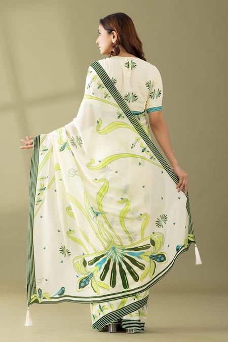 Shop Thee Modern Roots Ivory Georgette Embroidery Abstract Floral Print Saree at Aza Fashions Shop_Thee Modern Roots_Ivory Georgette Embroidery Abstract Floral Print Saree _at_Aza_Fashions