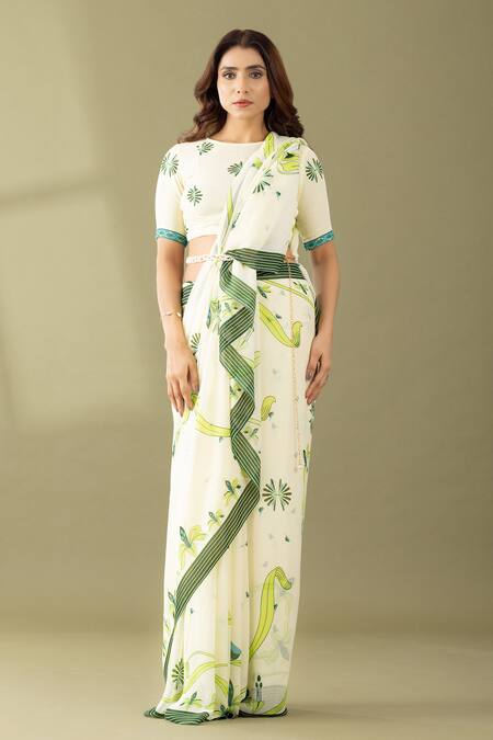Thee Modern Roots Ivory Georgette Embroidery Abstract Floral Print Saree Online at Aza Fashions Thee Modern Roots_Ivory Georgette Embroidery Abstract Floral Print Saree _Online_at_Aza_Fashions