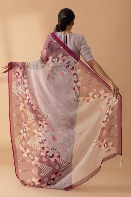 Shop Thee Modern Roots Purple Chiffon Mystical Print Saree at Aza Fashions Shop_Thee Modern Roots_Purple Chiffon Mystical Print Saree _at_Aza_Fashions