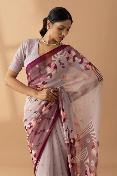 Shop Thee Modern Roots Purple Chiffon Mystical Print Saree Online at Aza Fashions Shop_Thee Modern Roots_Purple Chiffon Mystical Print Saree _Online_at_Aza_Fashions